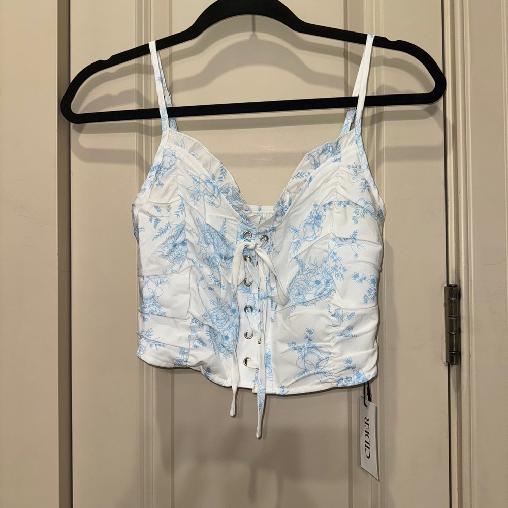 Cider White and Blue Lace-Up Tank Top